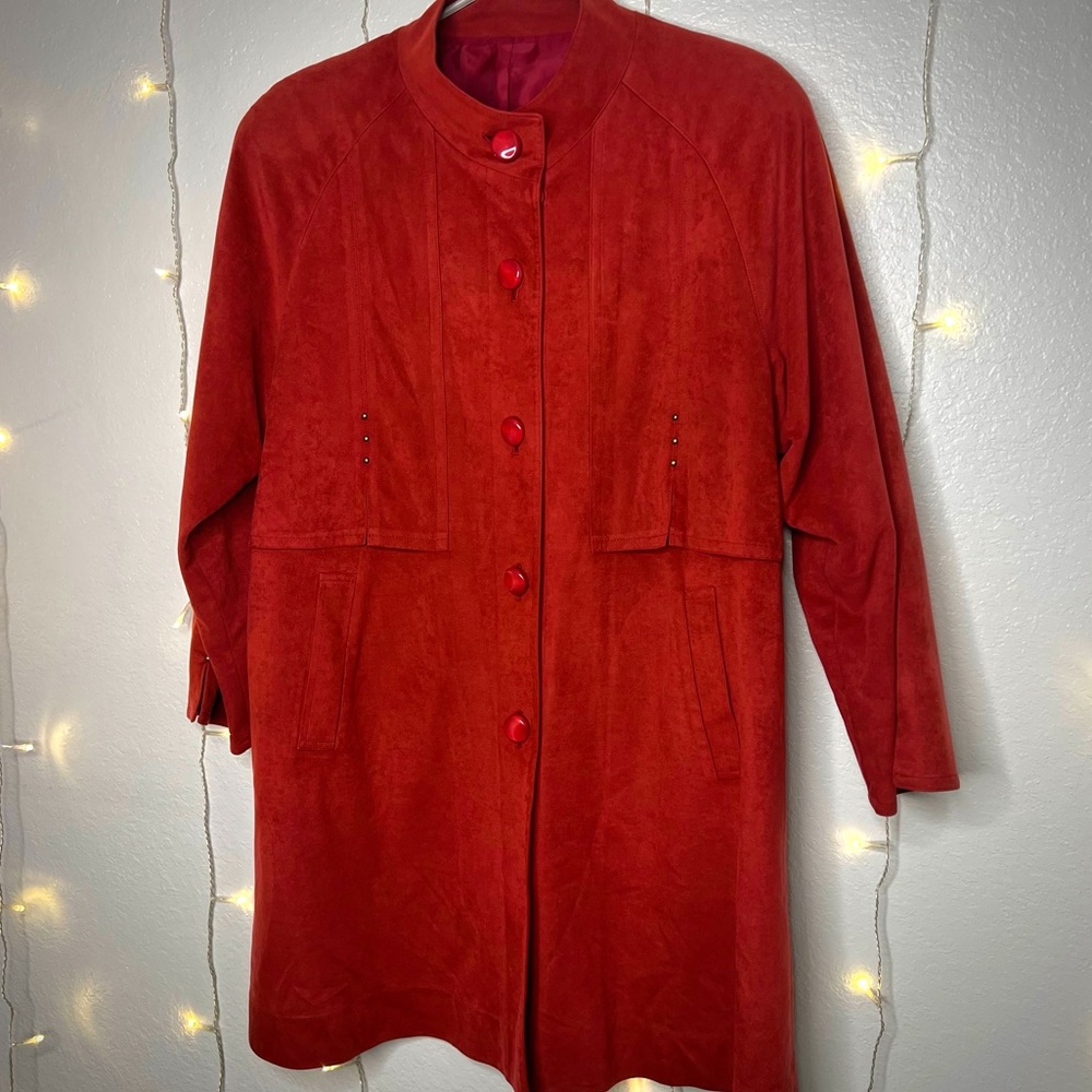 Rare Vintage Red Studded Suede Style Trench Coat sz/L